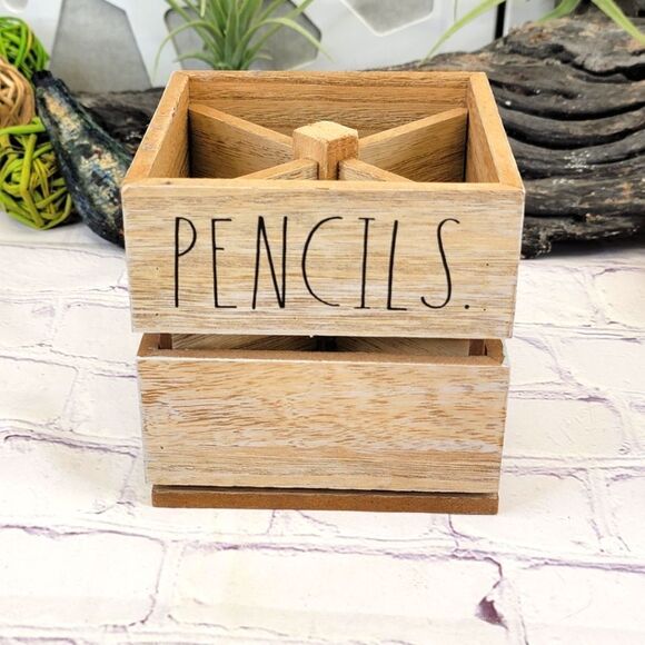 Rae Dunn PENS PENCILS Cup Spinning Wooden Holder - Picture 2 of 8